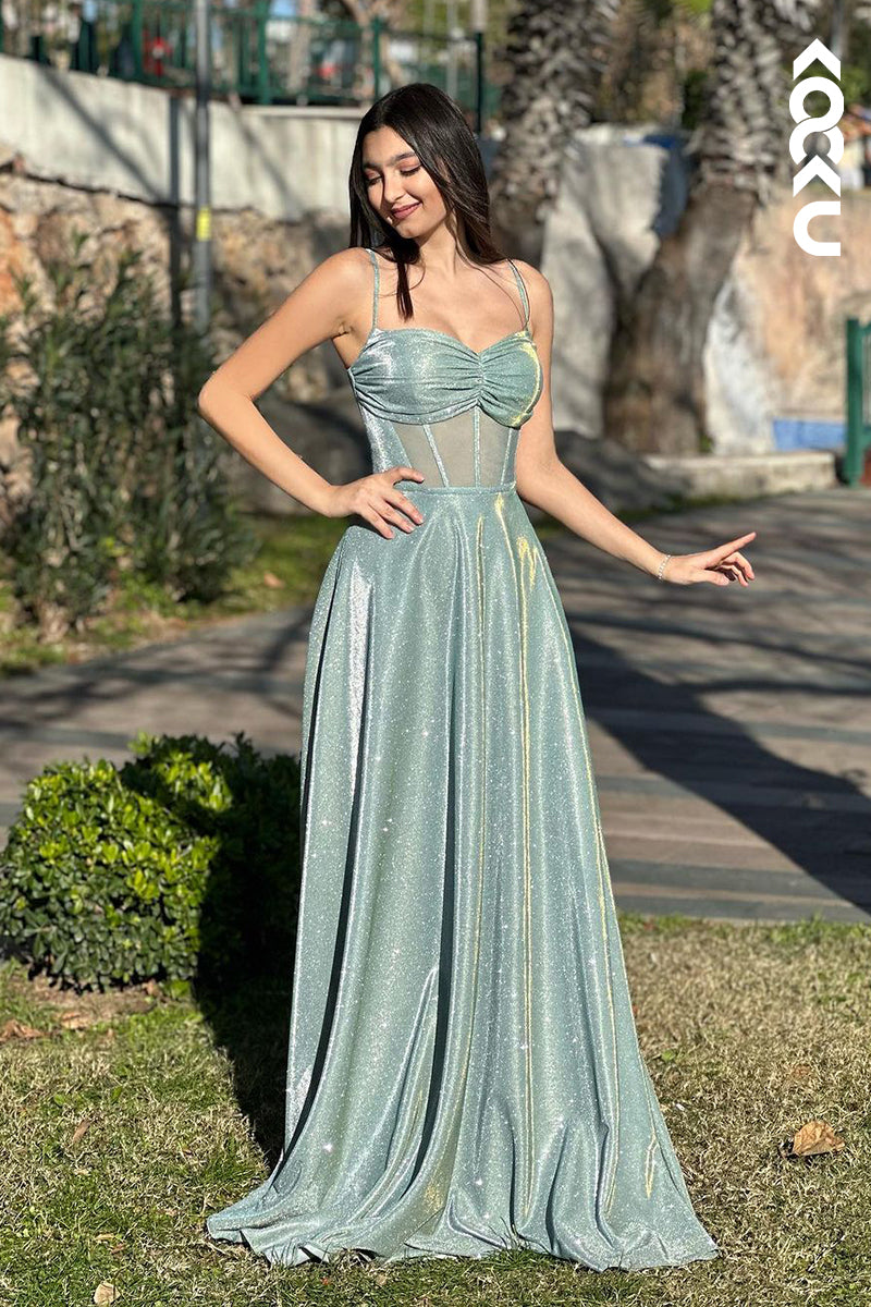 L2553 - Elegant & Luxurious Spaghetti Straps Square A-line Shining Evening Party Formal Prom Dress