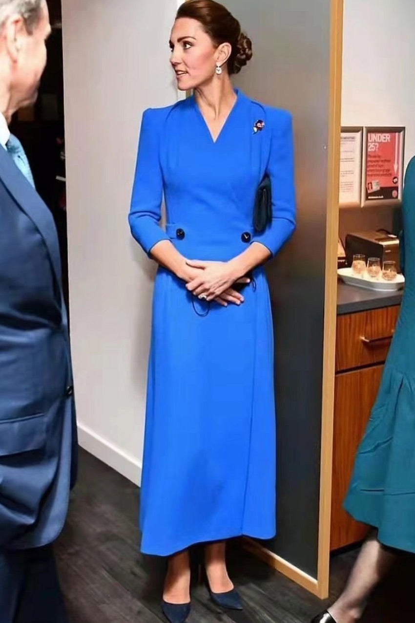 Kate Middleton Royal Blue V-Neck Formal Dress 