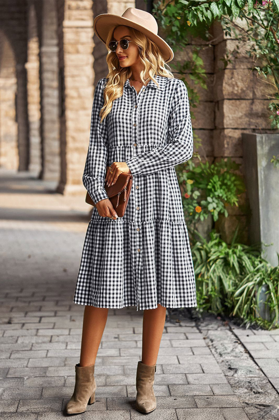 Knee Length Blue Plaid Long Sleeve Dress 