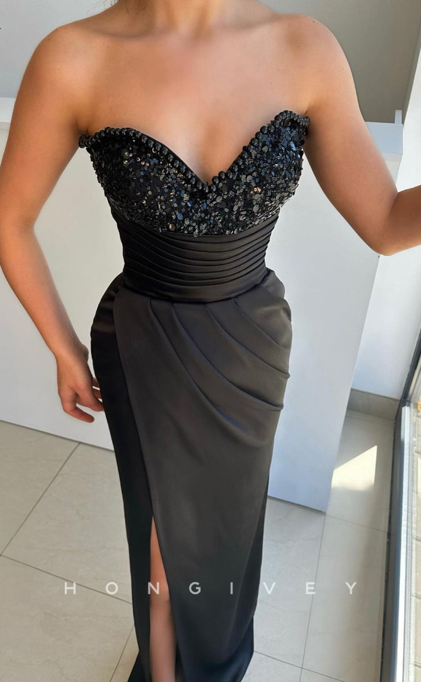 L0948 -Beaded Lace Satin Paneled Sleeveless With Slit Evening Party Prom Dress