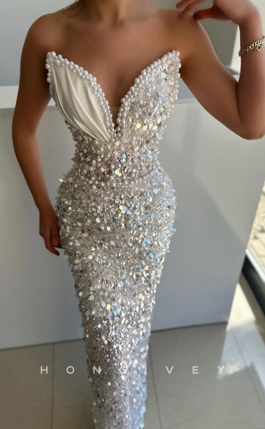 L0949 - Fully Sequined Beaded Embellished Sleeveless Plunging Illusion Party Evening Prom Dress