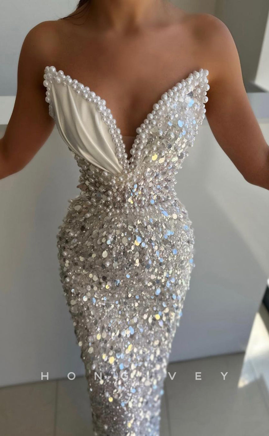 L0949 - Fully Sequined Beaded Embellished Sleeveless Plunging Illusion Party Evening Prom Dress