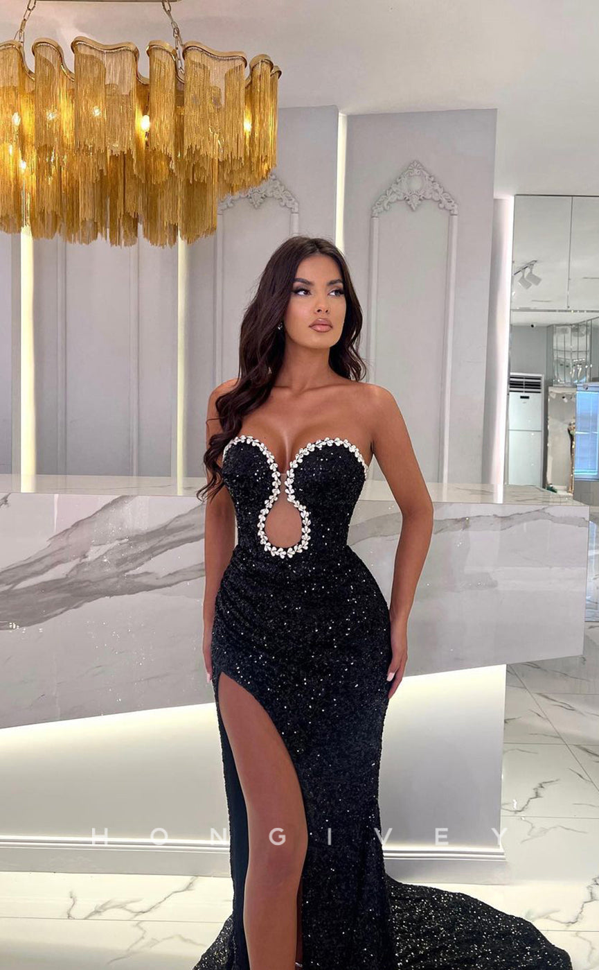 L0955 -  Sexy Fully Sequined Rhinestone Cutout With Train And High Slit Formal Evening Party Prom Dress