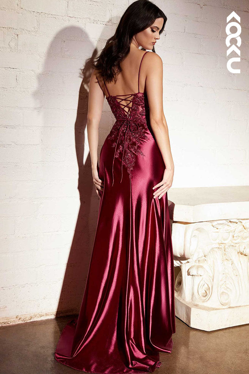 L1053 - Sheath/Column V-Neck Straps Satin Appliques Sleeveless Prom Dress