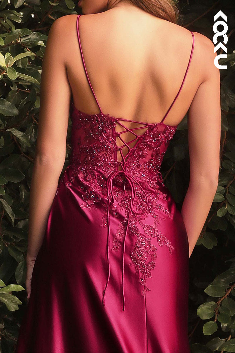 L1053 - Sheath/Column V-Neck Straps Satin Appliques Sleeveless Prom Dress