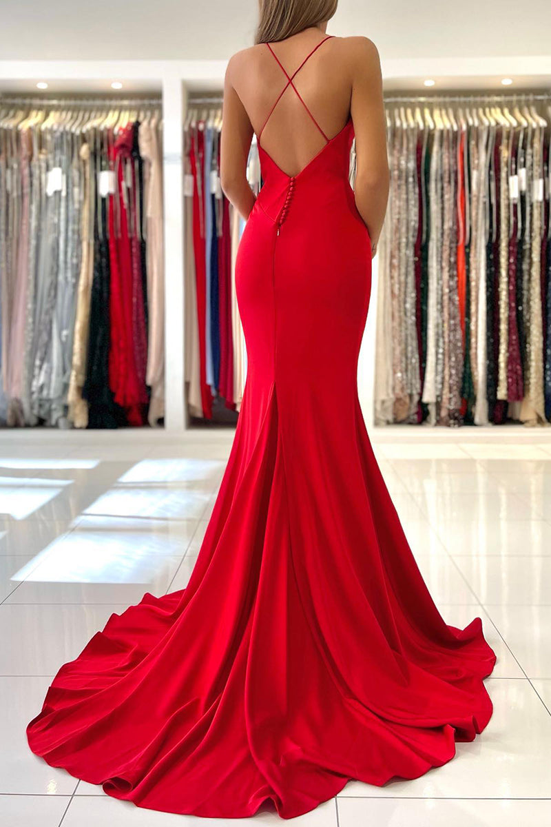 L1054 - Trumpet/Mermaid V-Neck Straps Satin Criss-Cross Straps Sleeveless Prom Dress