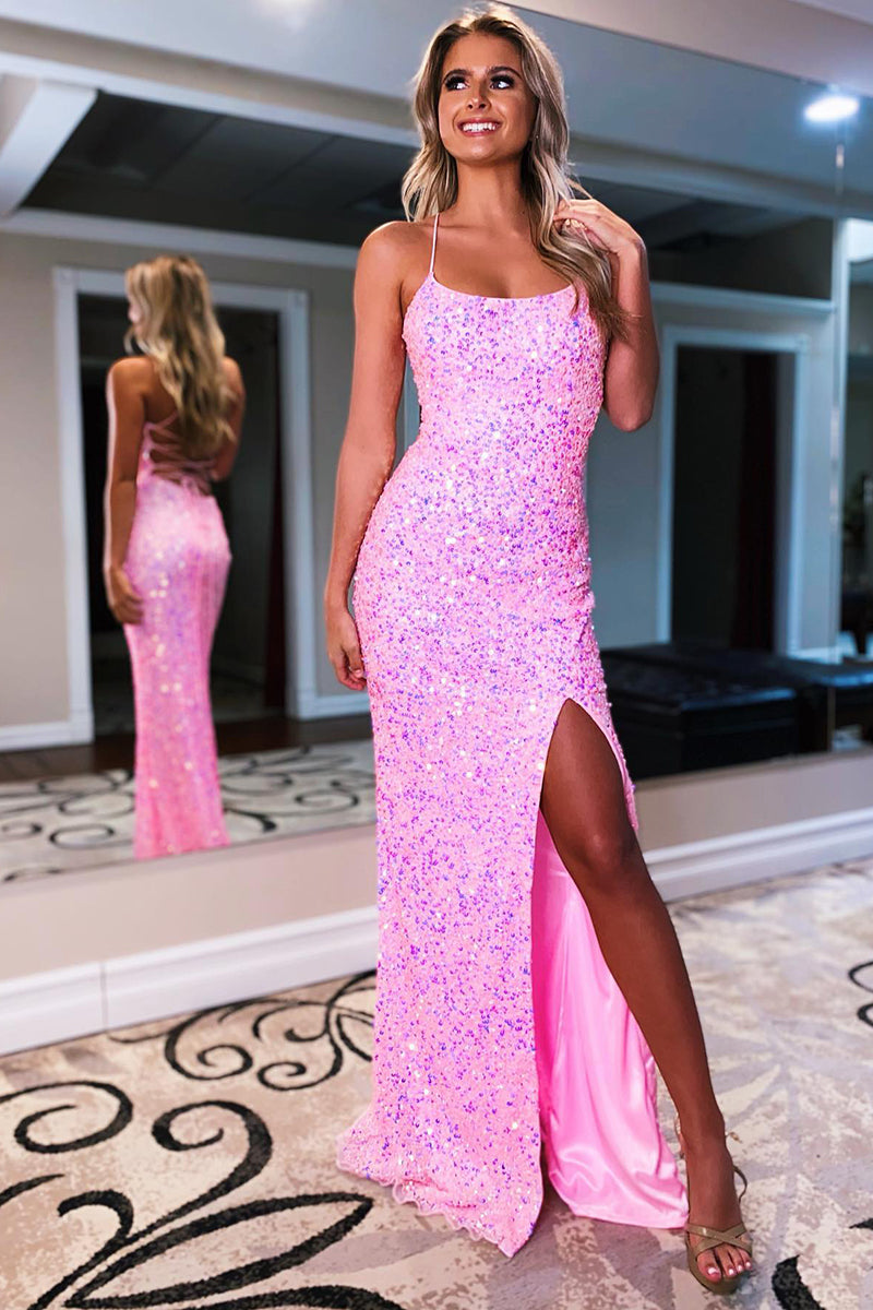 L1057 - Sheath/Column Straps Sequined Split Sleeveless Prom Dress