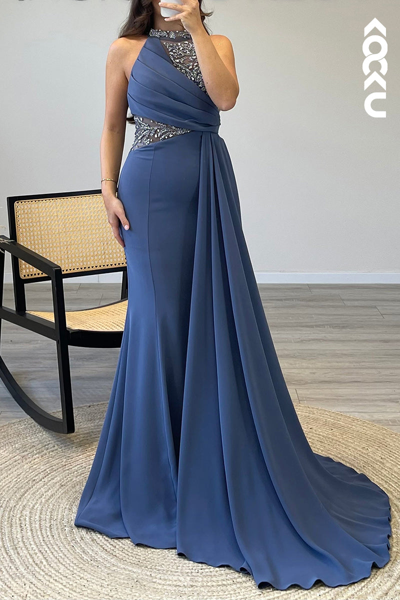 L1115 - High Neck Sleeveless Beaded Chiffon Mermaid Long Semi Formal Dress