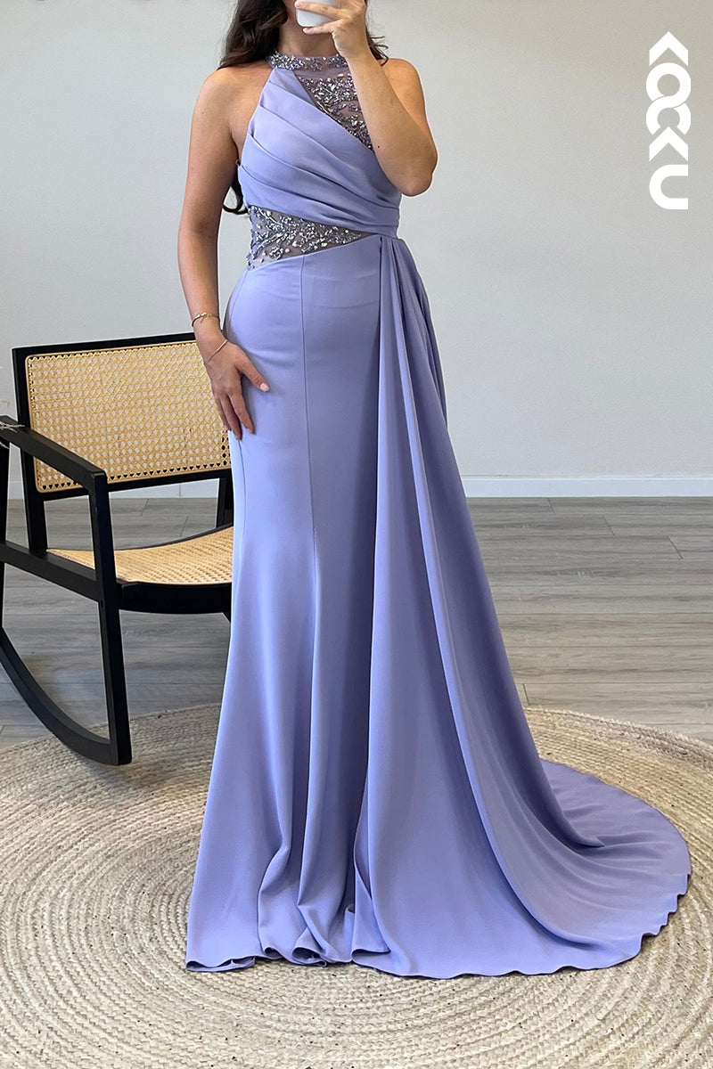 L1115 - High Neck Sleeveless Beaded Chiffon Mermaid Long Semi Formal Dress