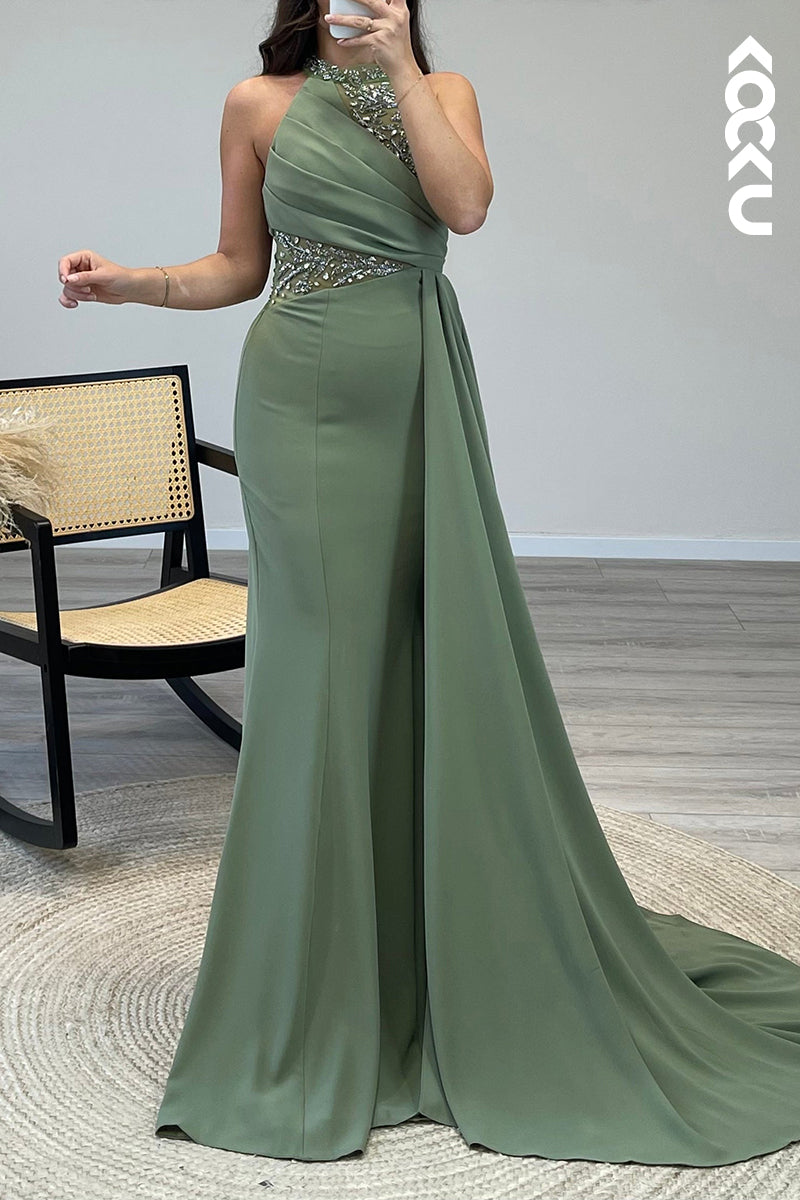 L1115 - High Neck Sleeveless Beaded Chiffon Mermaid Long Semi Formal Dress