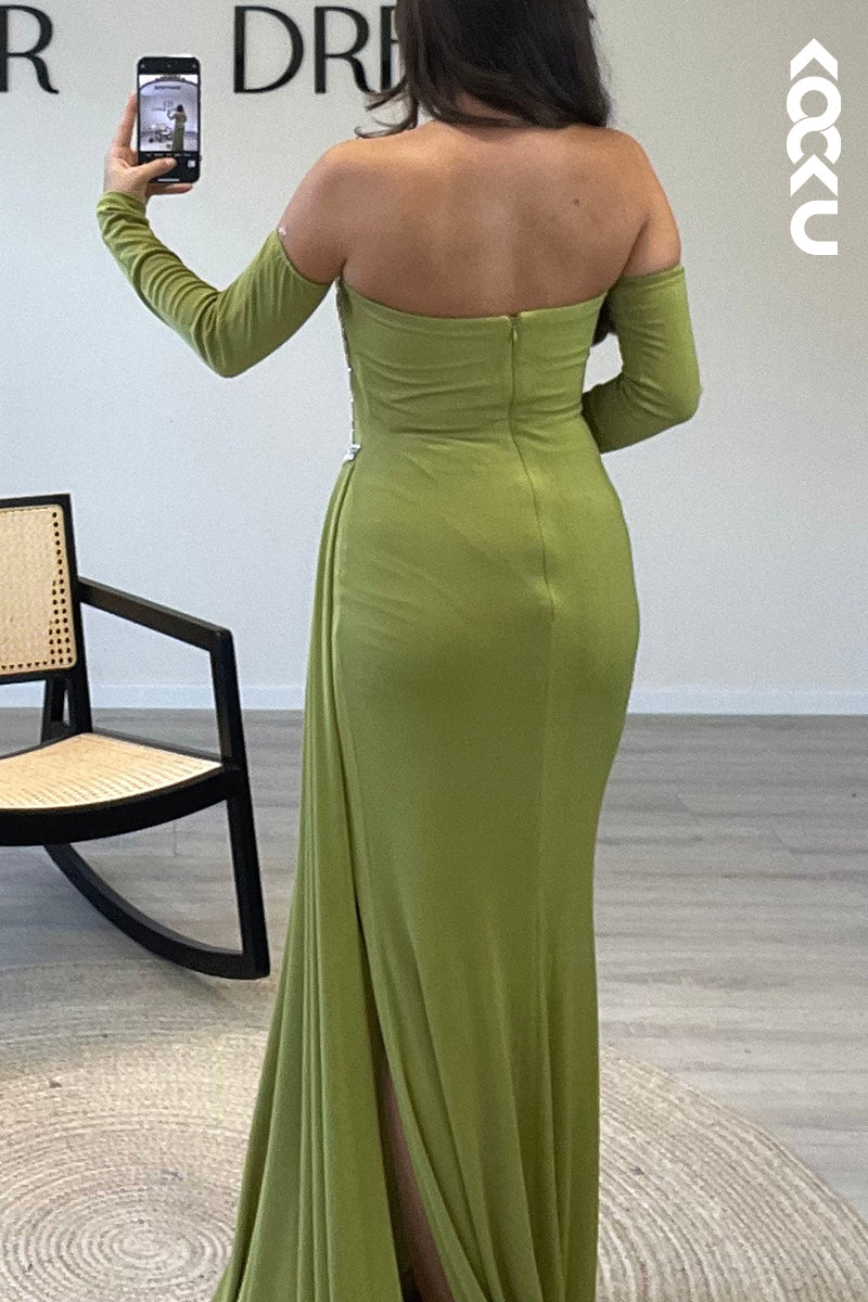 L1119 - Strapless Beaded Elastic Satin Mermaid Long Evening Dress With Slit