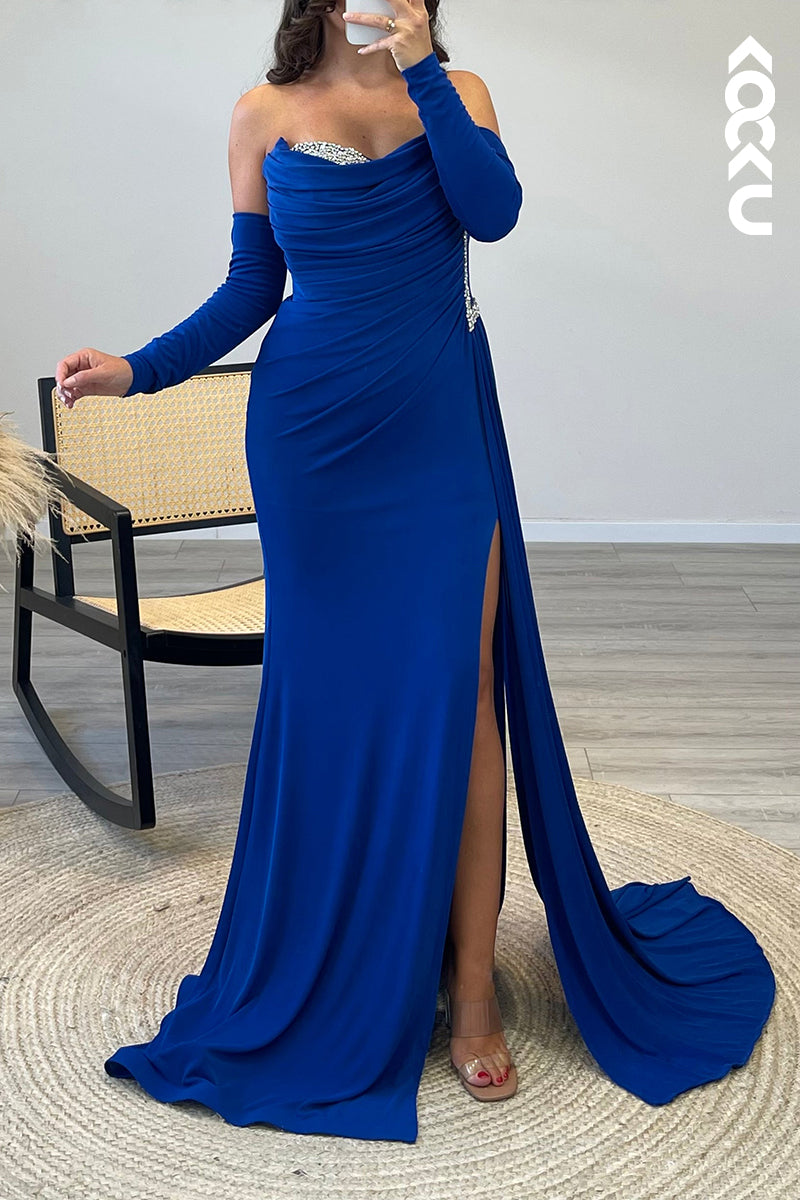 L1119 - Strapless Beaded Elastic Satin Mermaid Long Evening Dress With Slit