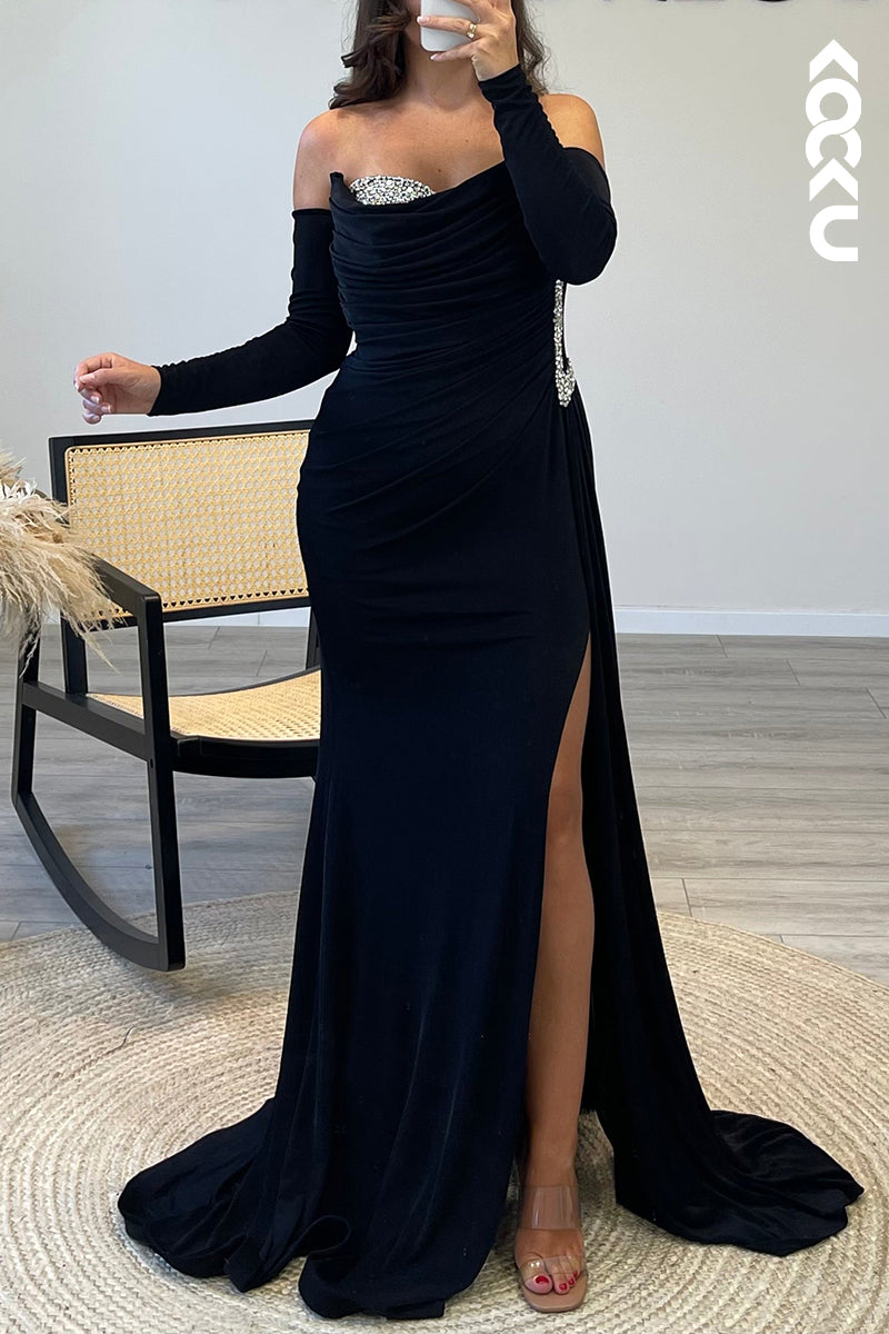 L1119 - Strapless Beaded Elastic Satin Mermaid Long Evening Dress With Slit