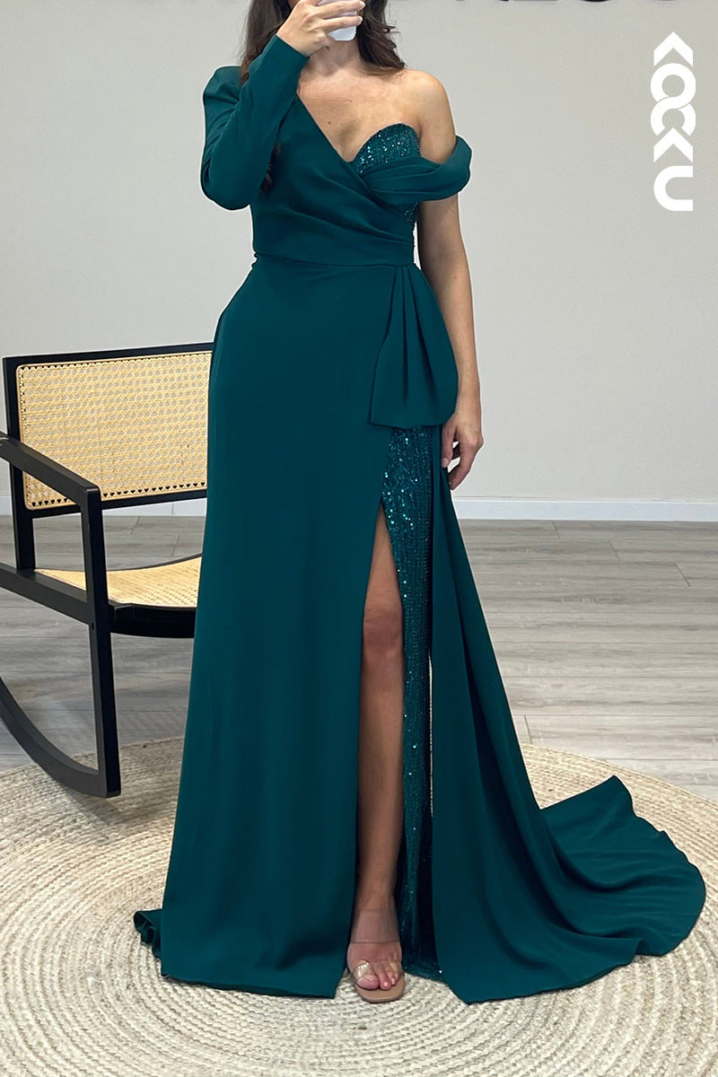 L1126 - One Shoulder Pleated Satin Sequins A Line Long Semi Formal Dress