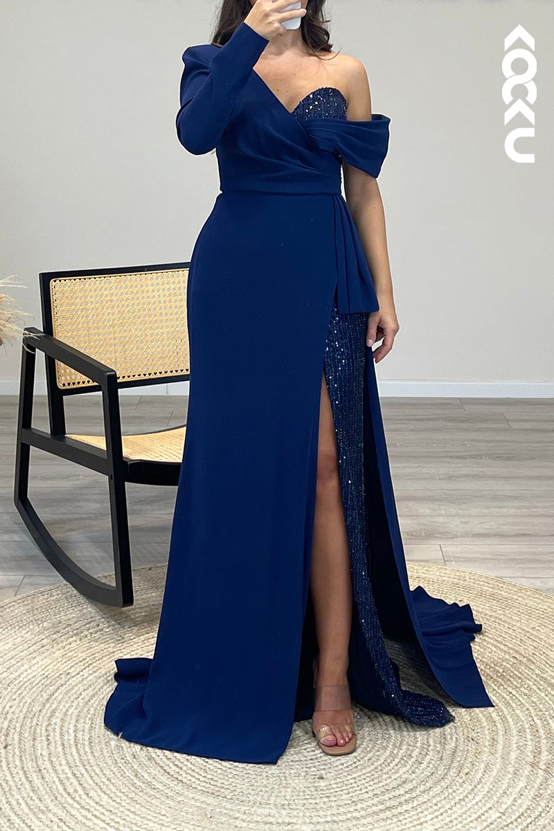 L1126 - One Shoulder Pleated Satin Sequins A Line Long Semi Formal Dress