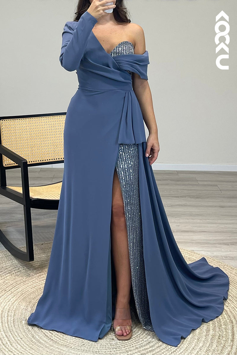 L1126 - One Shoulder Pleated Satin Sequins A Line Long Semi Formal Dress