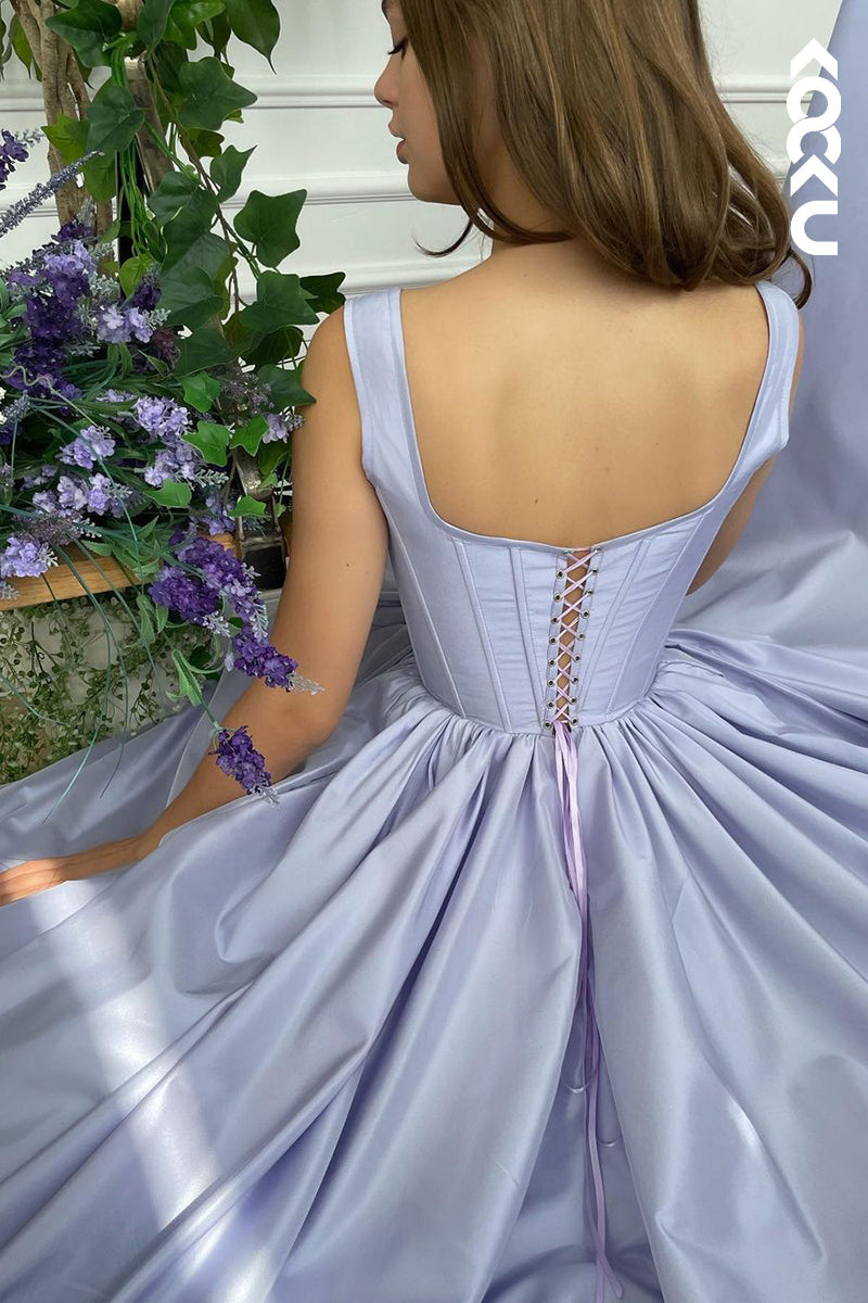 L1130 - A-Line Straps Satin Pleats Lace-Up Sleeveless Prom Dress