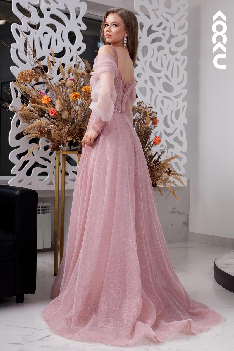 L1183 - A-Line Straps Tulle Lace-Up Long Sleeves Formal Dress