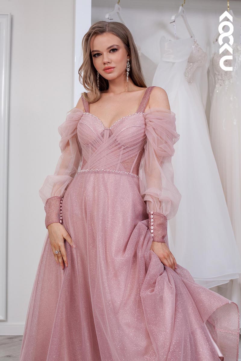 L1183 - A-Line Straps Tulle Lace-Up Long Sleeves Formal Dress