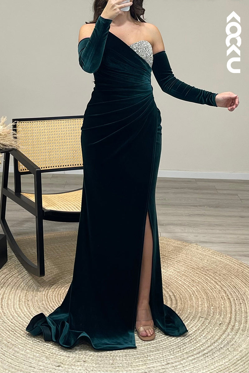 L1203 - Asymmetrical Strapless Beaded Velvet Mermaid Long Formal Evening Dress