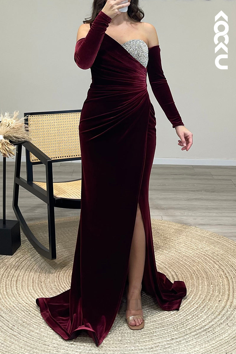 L1203 - Asymmetrical Strapless Beaded Velvet Mermaid Long Formal Evening Dress