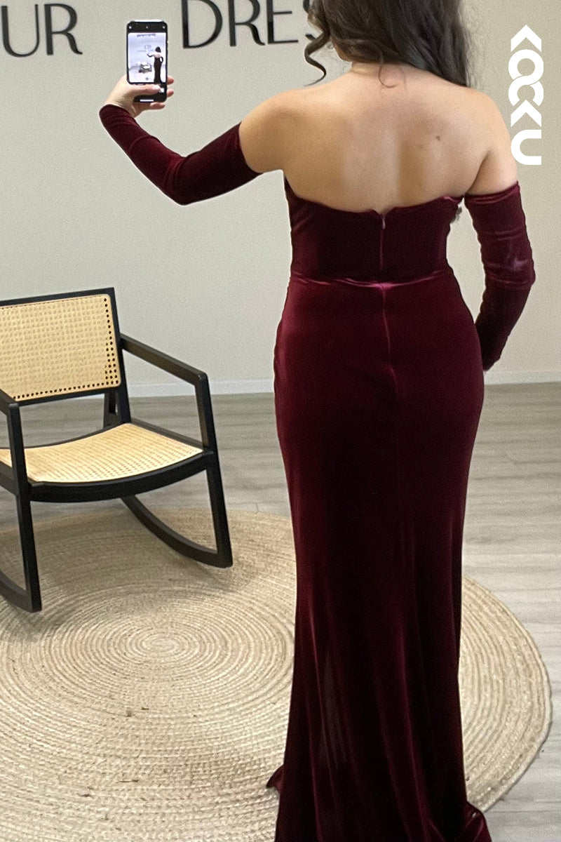 L1203 - Asymmetrical Strapless Beaded Velvet Mermaid Long Formal Evening Dress