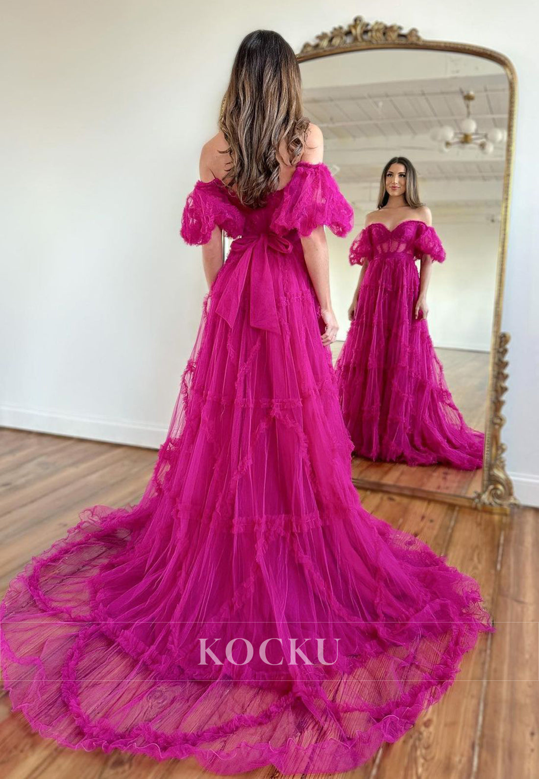 L1367 - A-Line Off-Shoulder Tulle Appliques Backless Prom Evening Formal Dress