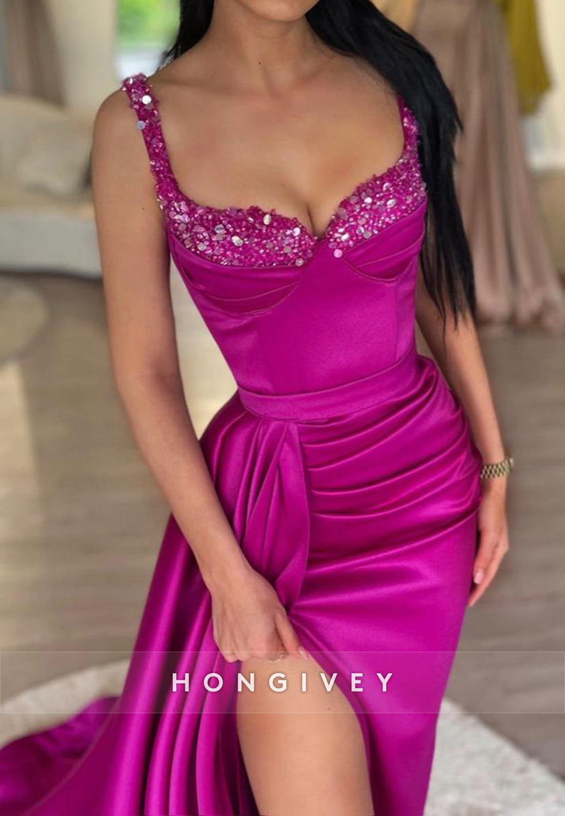 L1333 - Sexy Satin Sweetheart Spaghetti Straps Sequined Ruched Embellished With Train Party Prom Evening Dress