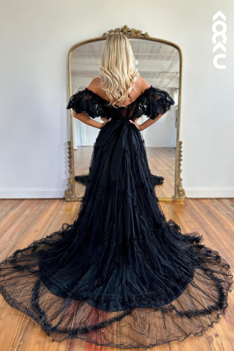 L1367 - A-Line Off-Shoulder Tulle Appliques Backless Prom Evening Formal Dress