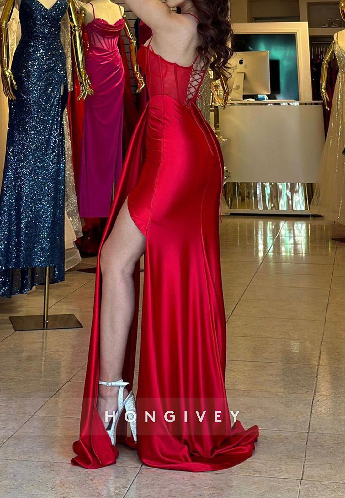 L1370 - Hot Red Sweetheart Spaghetti Straps Illusion With Side Slit Party Prom Evening Dress