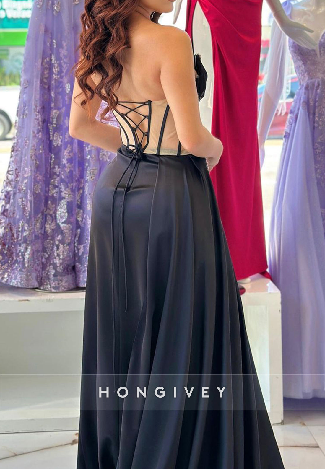 L1371 - Sexy Black Illusion Sweetheart Ruched With Side Slit Party Prom Evening Dress