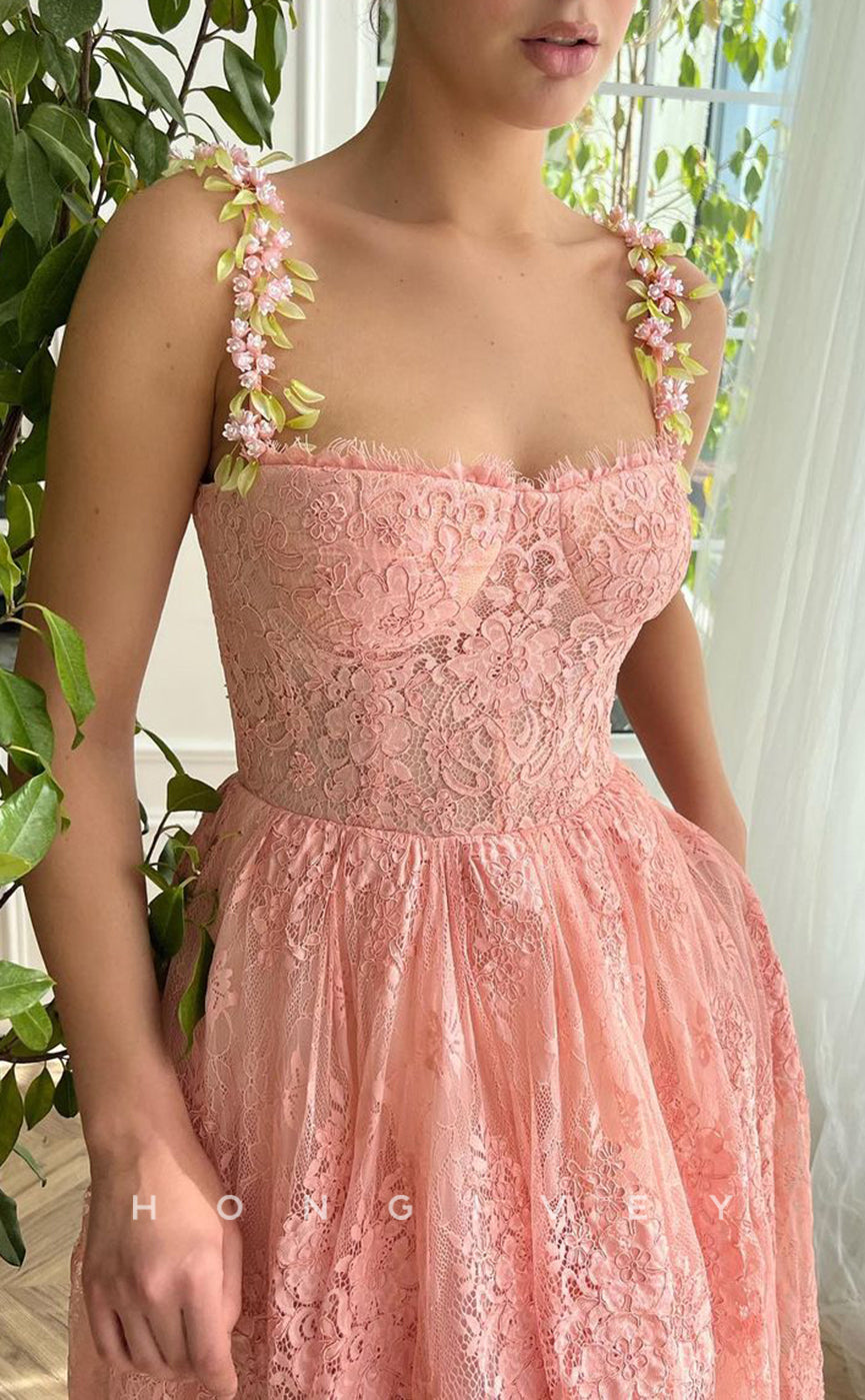 L1421 - Sexy A-Line Empire Square Floral Spaghetti Straps Illusion Party Prom Evening Dress