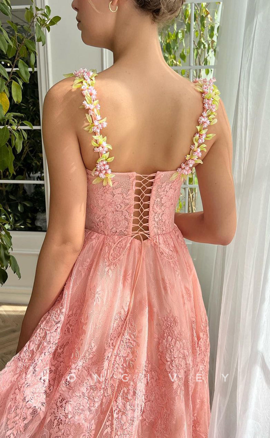 L1421 - Sexy A-Line Empire Square Floral Spaghetti Straps Illusion Party Prom Evening Dress