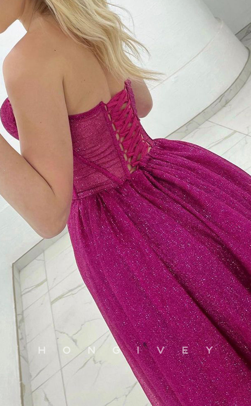 L1428 - Sexy Glitter A-Line Empire Illusion Sweetheart Strapless With Side Slit Party Prom Evening Dress