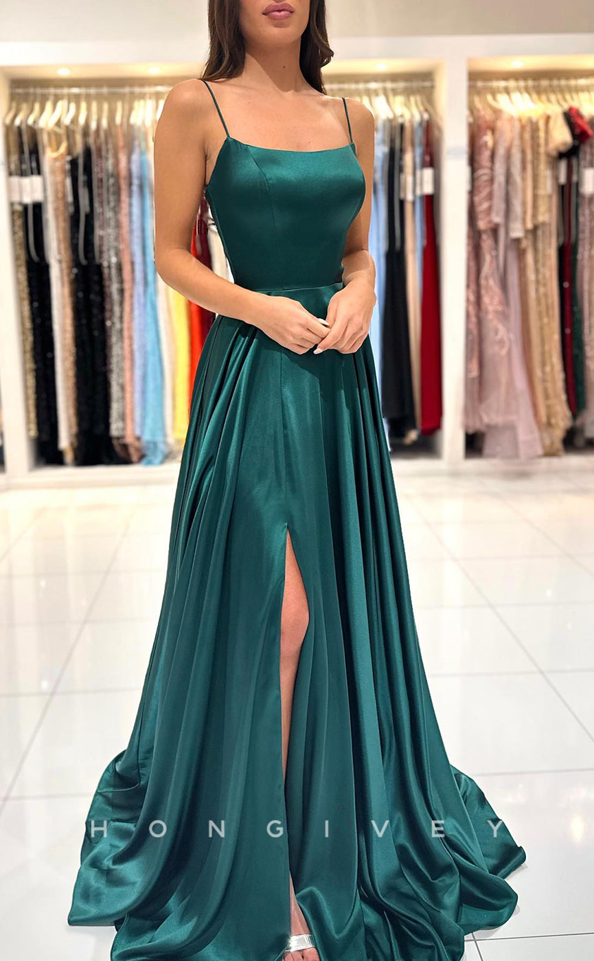 L1439 - Simple Satin Empire Square Spaghetti Straps With Side Slit Party Prom Evening Dress