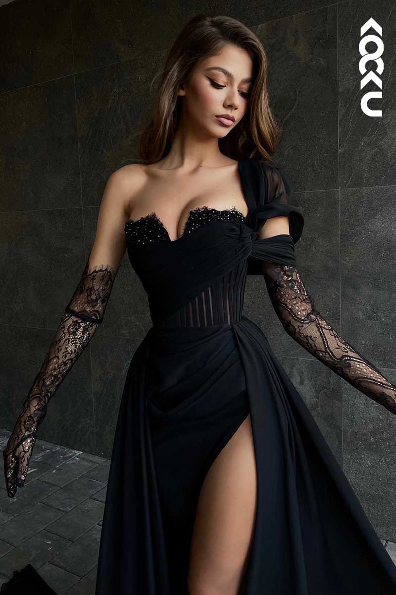 L1448 - Sweetheart One Shoulder Tulle A-Line Prom Dress With Slit