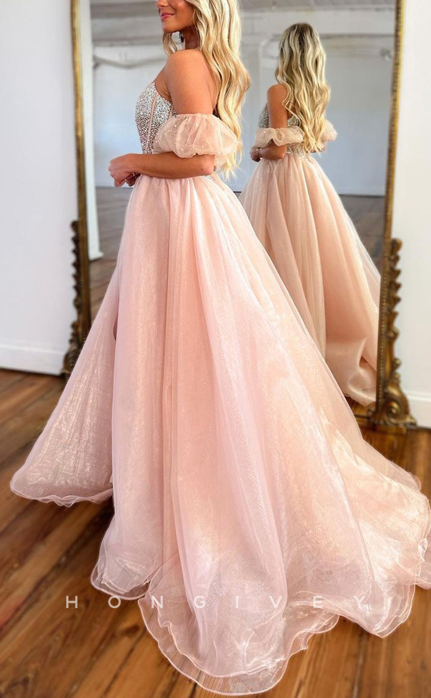 L1459 - Chic Tulle A-Line Glitter Bateau Puff Sleeves Gown With Side Slit Party Prom Evening Dress