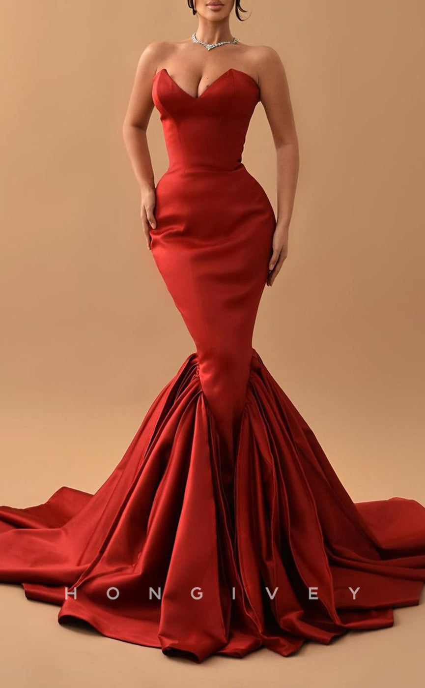 L1466 - Elegant Satin Trumpt V-Neck Strapless Empire Party Prom Evening Dress