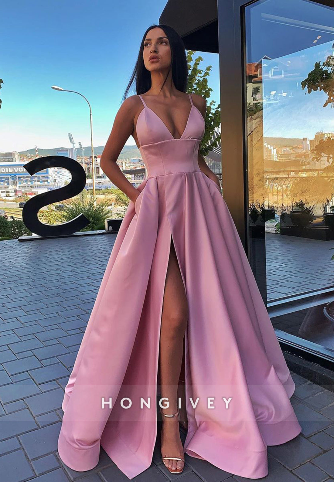 L1478 - Sexy Satin A-Line Plunging  V-Neck Spaghetti Straps Empire With Side Slit Party Prom Evening Dress