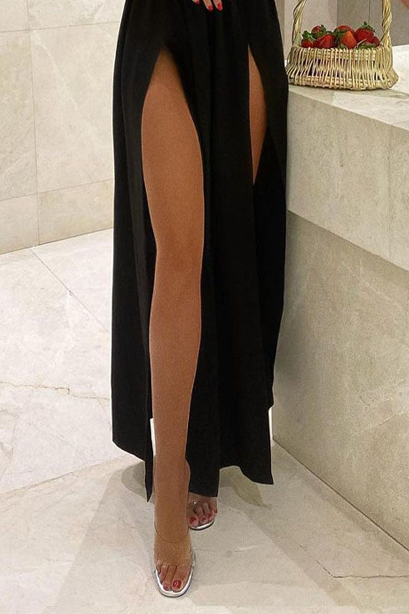 L1486 - Sexy Halter V-Neck Satin A-Line Long Party Dress With Thigh Slits