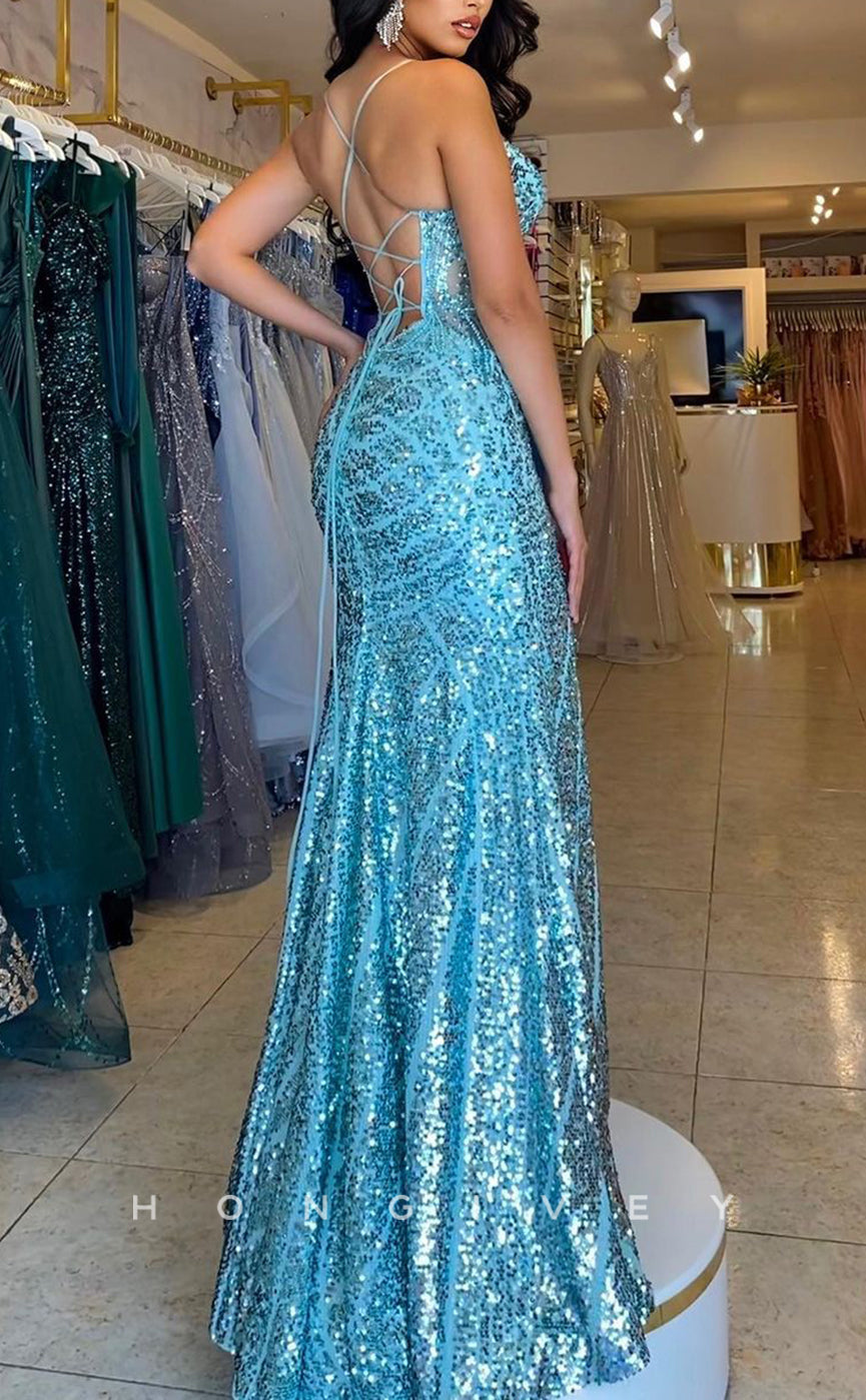 L1496 - Chic Satin Glitter V-Neck Spaghetti Straps With Side Slit Party Prom Evening Dress