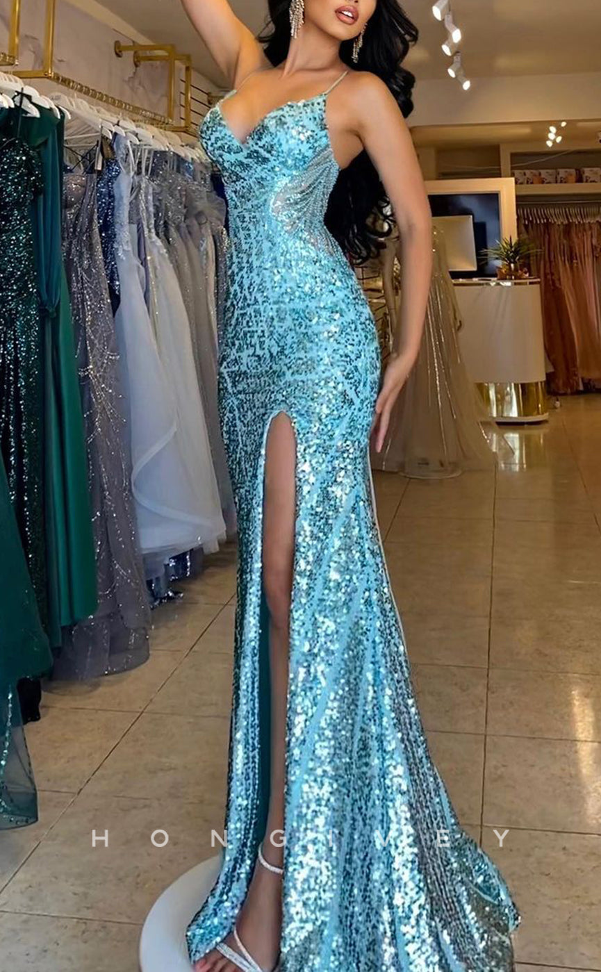 L1496 - Chic Satin Glitter V-Neck Spaghetti Straps With Side Slit Party Prom Evening Dress