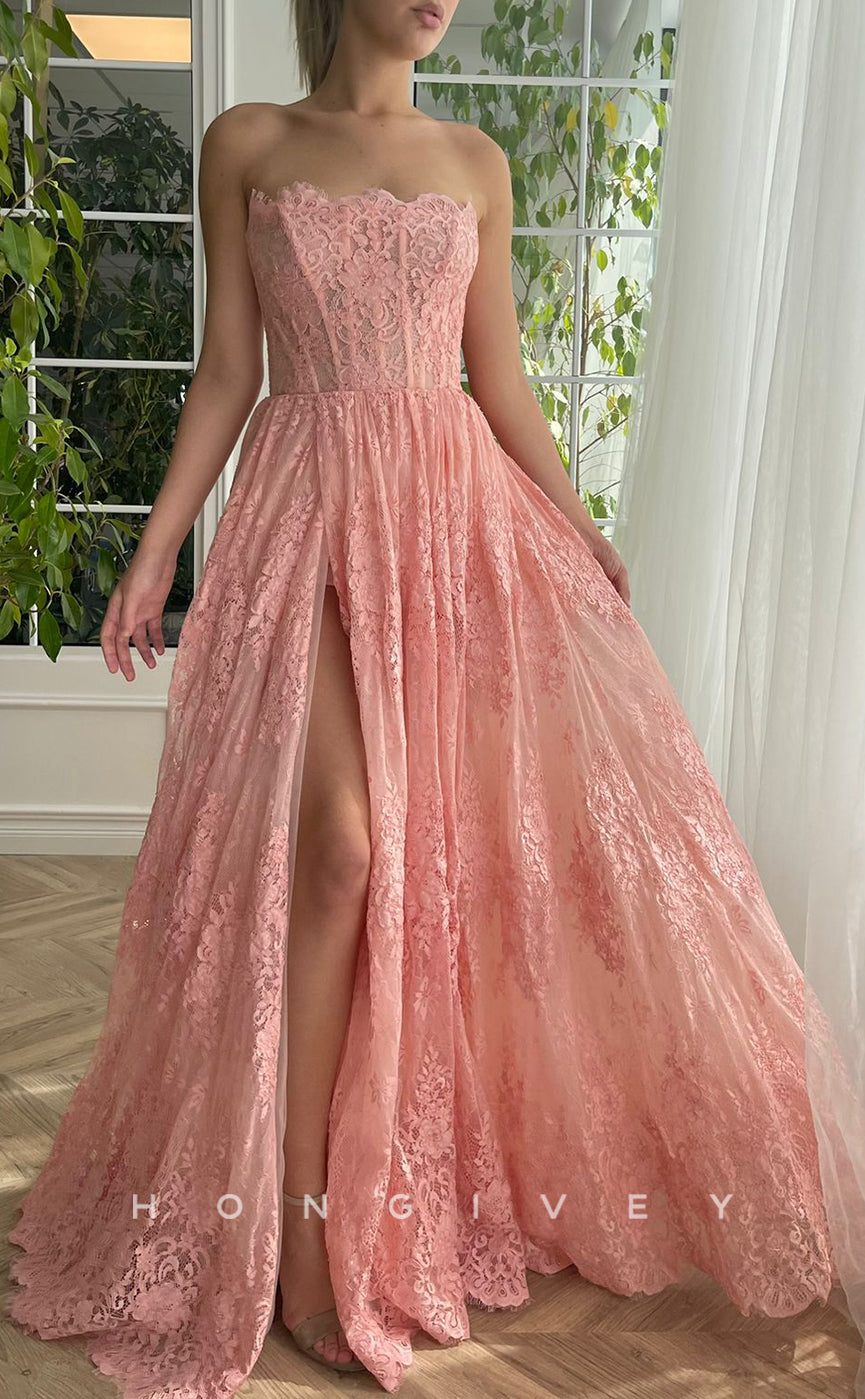 L1523 - Sexy Satin A-Line Strapless Sleeveless Appliques With Side Slit Party Prom Evening Dress