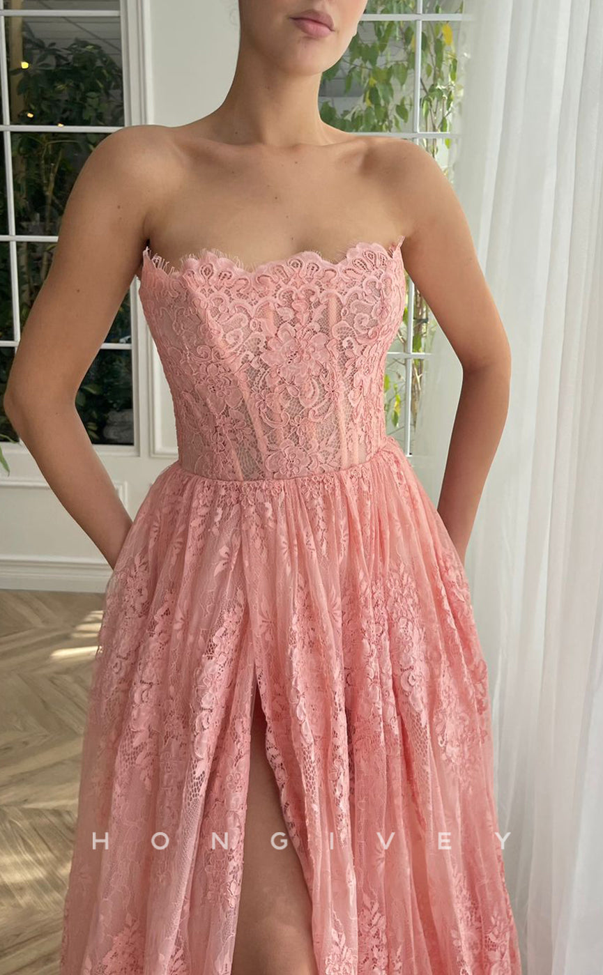 L1523 - Sexy Satin A-Line Strapless Sleeveless Appliques With Side Slit Party Prom Evening Dress