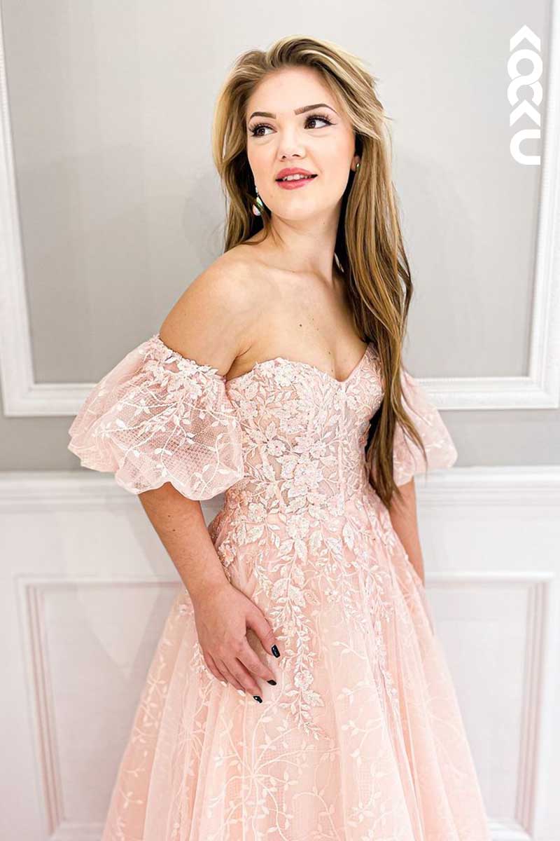 L1538 - Sweetheart Lace Appliqued A-Line Long Prom Dress With Puff Sleeves