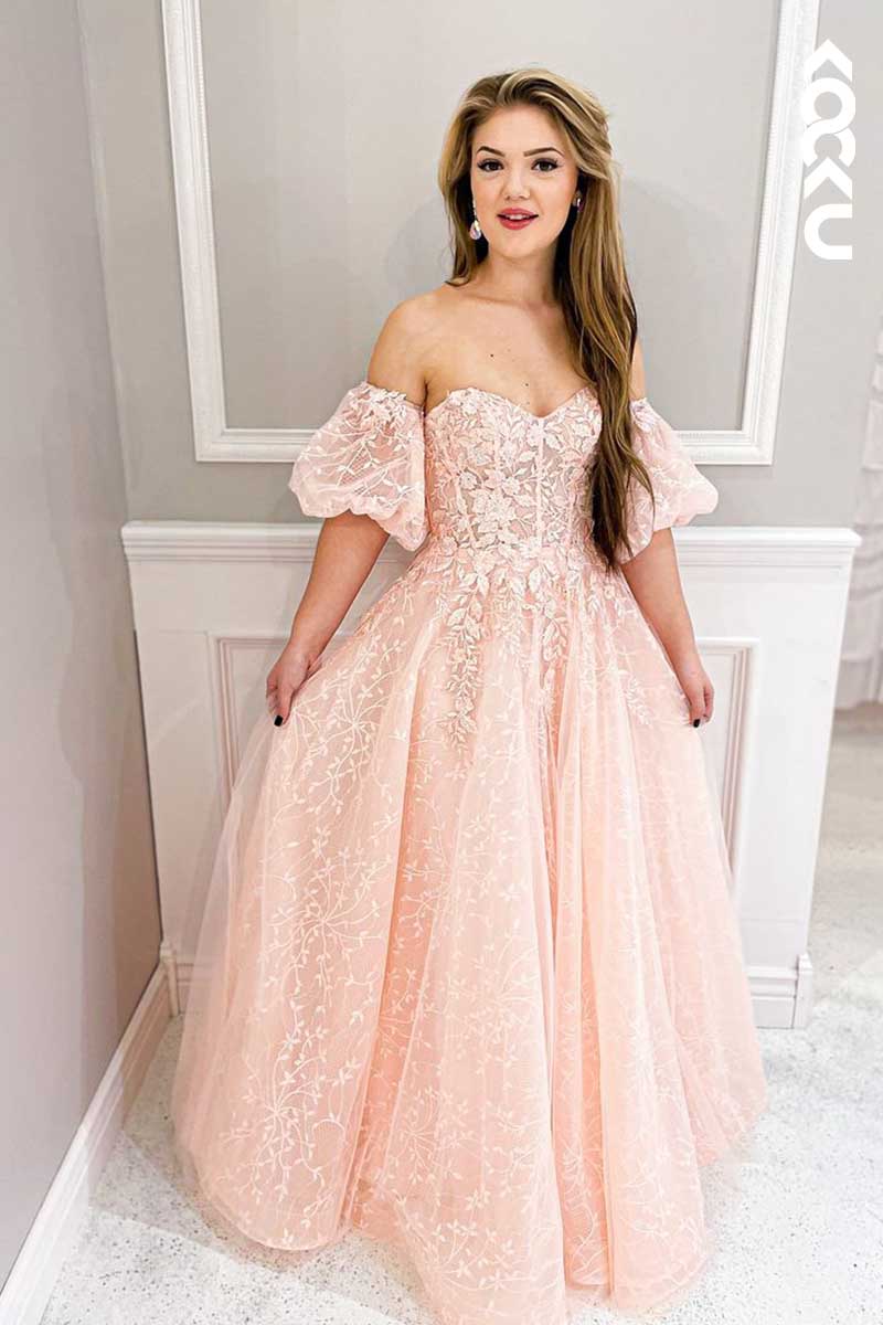 L1538 - Sweetheart Lace Appliqued A-Line Long Prom Dress With Puff Sleeves