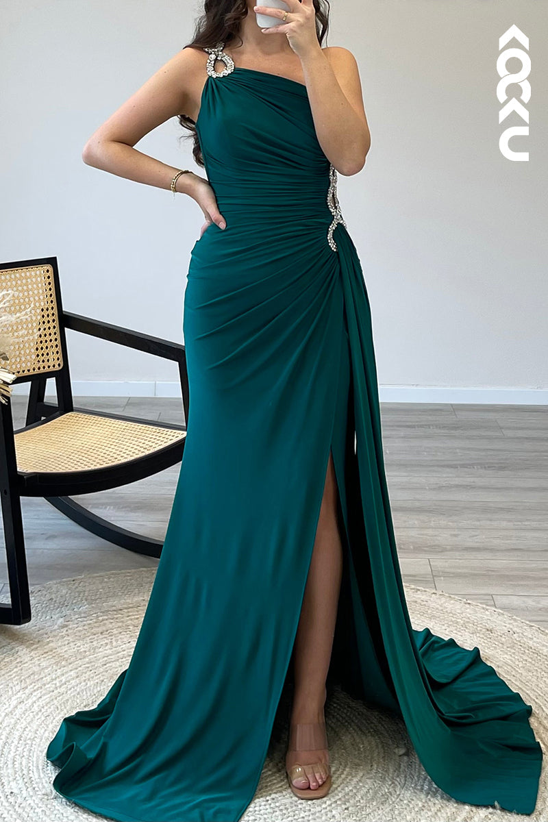 L1544 - One Shoulder Beaded Satin Pleated Mermaid Long Semi Formal Dress