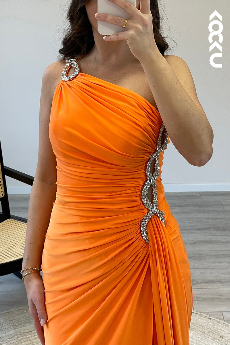 L1544 - One Shoulder Beaded Satin Pleated Mermaid Long Semi Formal Dress