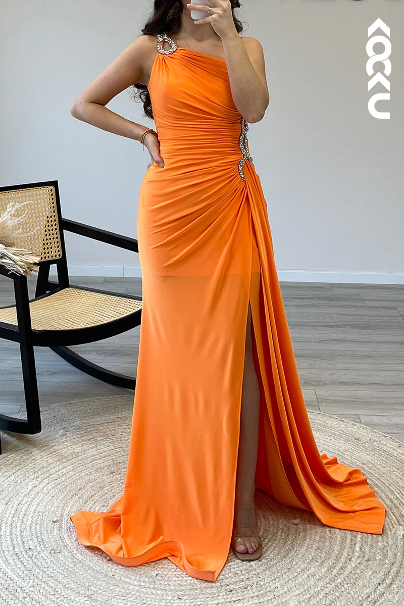 L1544 - One Shoulder Beaded Satin Pleated Mermaid Long Semi Formal Dress