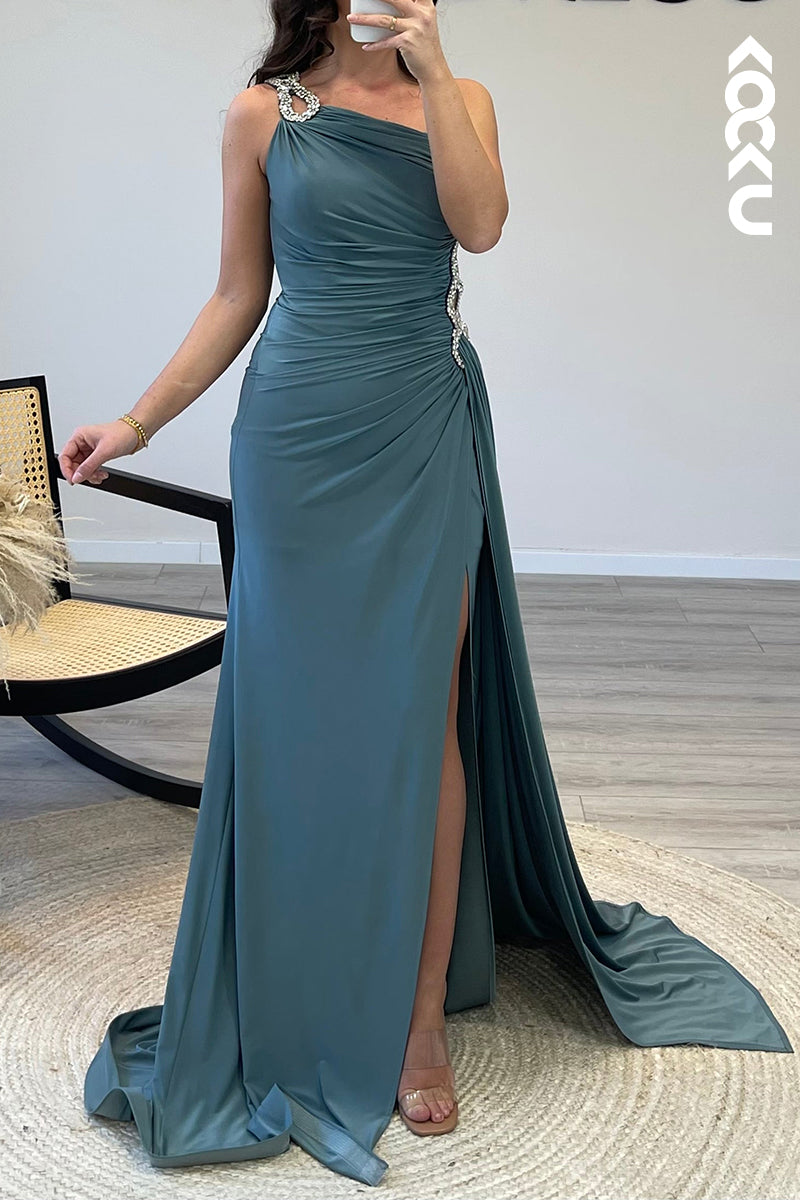 L1544 - One Shoulder Beaded Satin Pleated Mermaid Long Semi Formal Dress